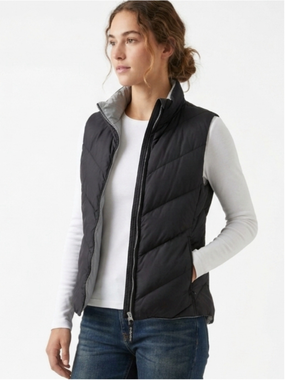 Women's Reversible Woolrich Black Down Puffer Vest Chevron Quilted Jacket S 785